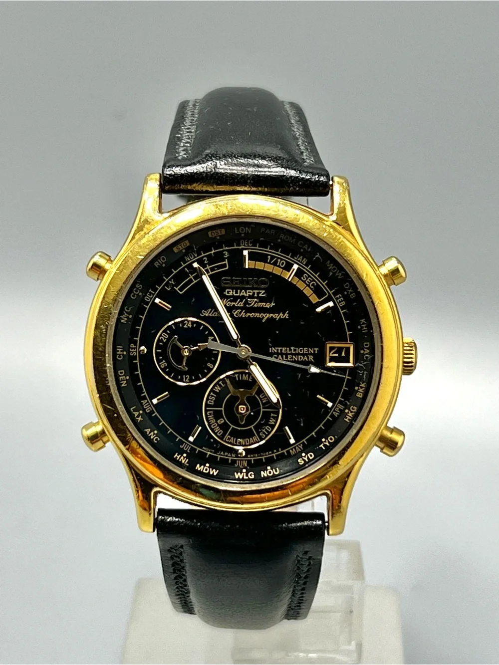 Seiko World Timer 6M15-7038 Black Dial Quartz Alarm Chronograph Mens Wrist Watch